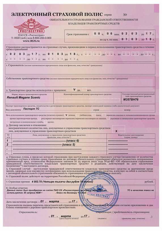 Основные данные, содержащиеся в электронном полисе каско